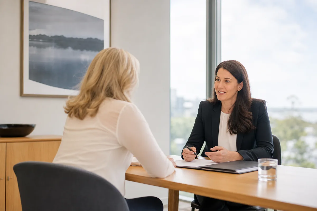 Family lawyer meeting with a client in a calm Auckland office
